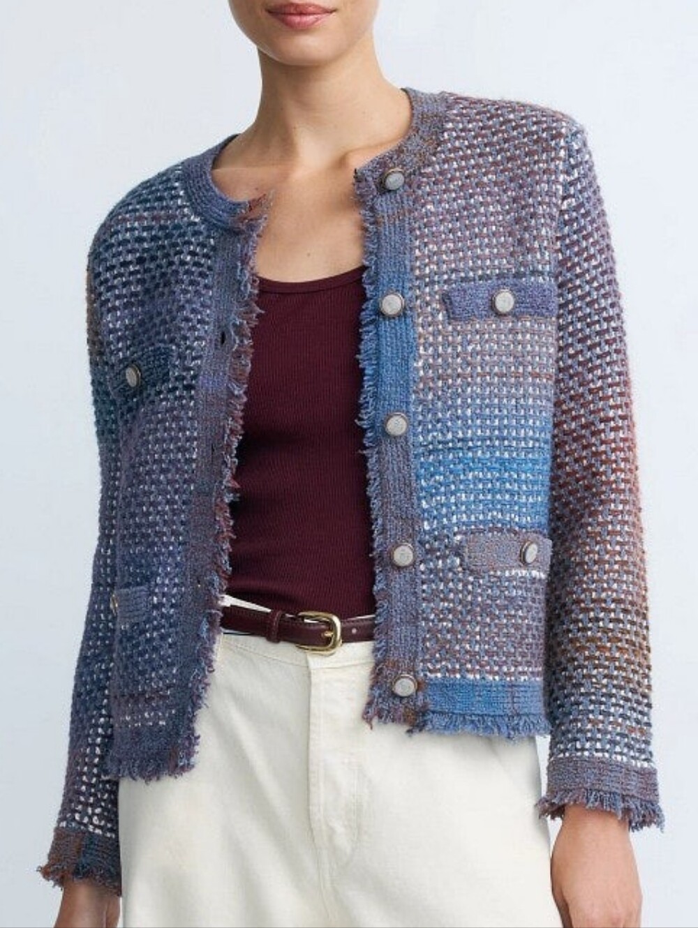 Veronica Beard Sariyah Knit Jacket Crew Neck Long Sleeves Button Front Size S